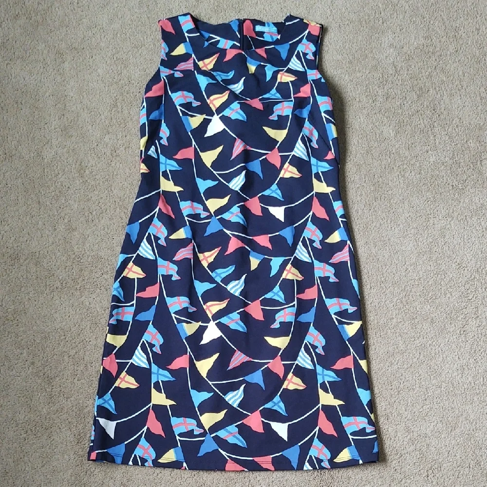 EUC J. McLaughlin Navy Blue Nautical Flags Sheath Dress - Picture 1 of 5